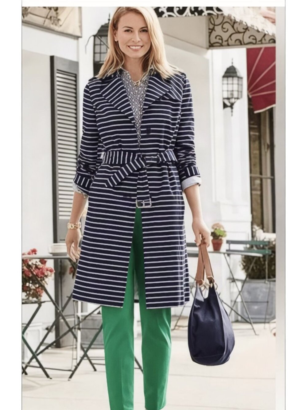 Talbots Petites P Navy Striped Belted Cotton Trench Coat Jacket